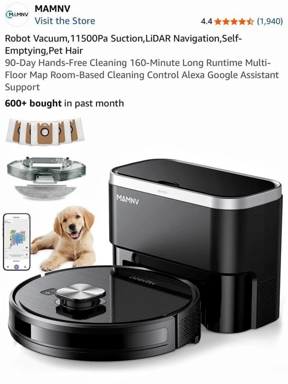 MAMNV Robot Vacuum and Mop 11500Pa Suction with Self-Emptying Station used once.